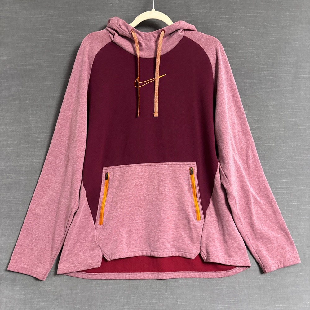Nike Hoodie XL Center Swoosh Burgundy Pink Cotton Therma FIT Pullover Athleisure